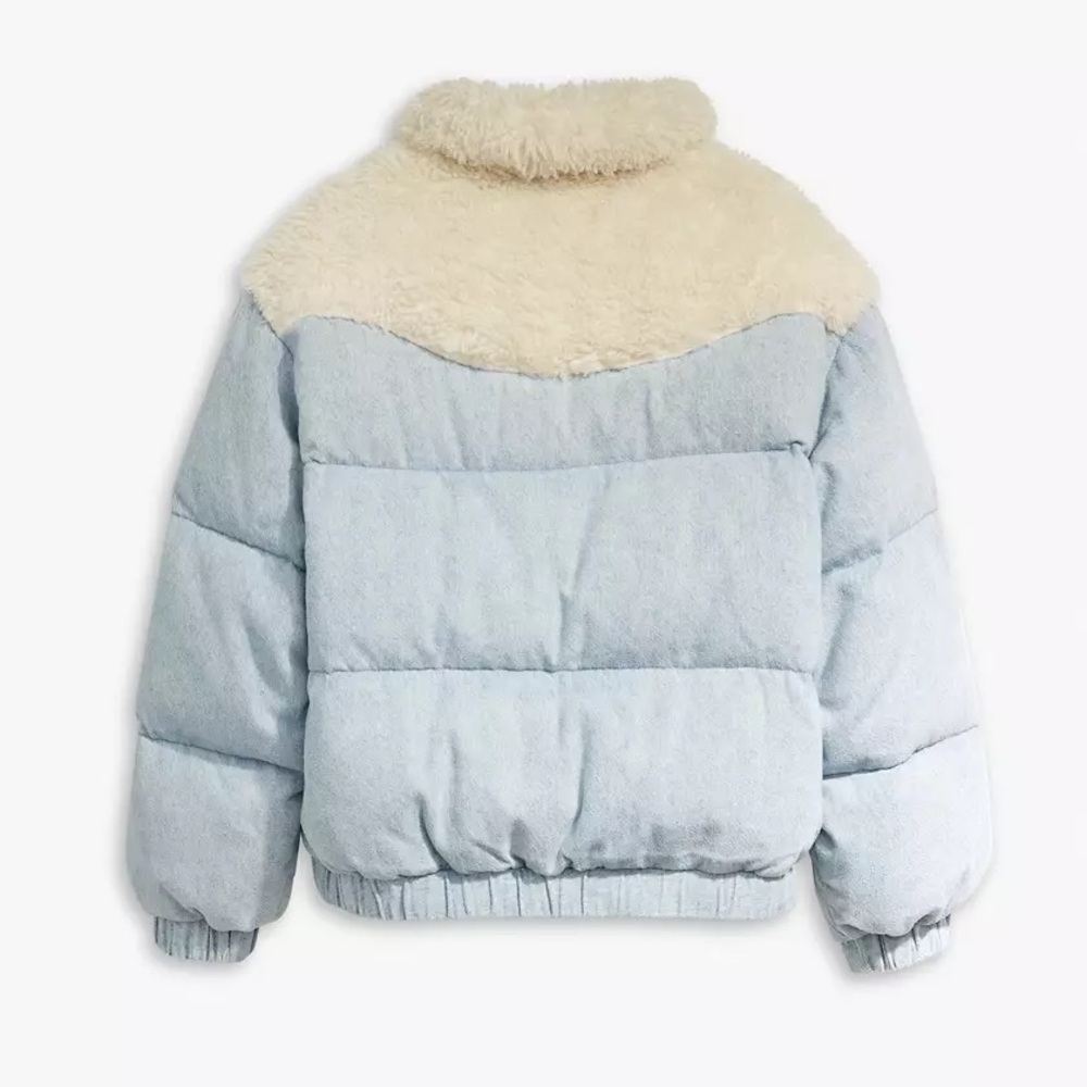 Levi’s Juno Western Down Crop Chambray Sherpa Puffer Light Denim Coat Sz XS - Picture 11 of 16